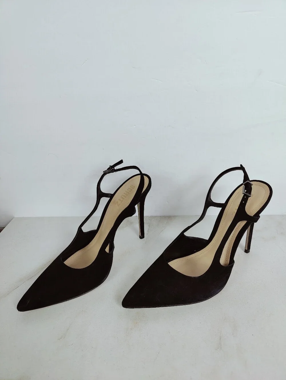Schutz Boris Black Suede Slingback Pointed Toe Stiletto Pumps Heels, Sz 8